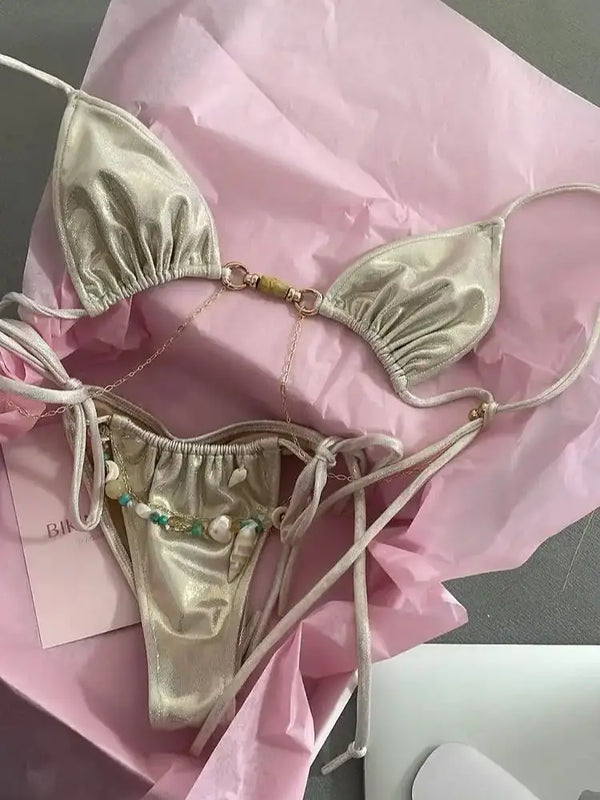 Bikini halter con perline, vita bassa – Set 2 pezzi imbottito