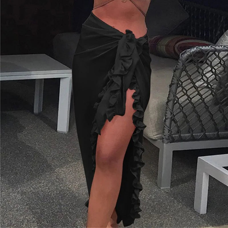 Pareo saia longa com folhos, cover-up de praia